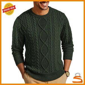 Men's Cable Knit Crewneck Sweater Polyester Blend Pullover Warm Casual